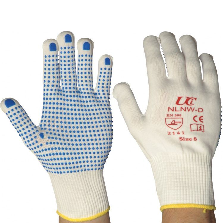 Knitted Nylon Low-Linting White Gloves with PVC Palm Dots NLNW-D