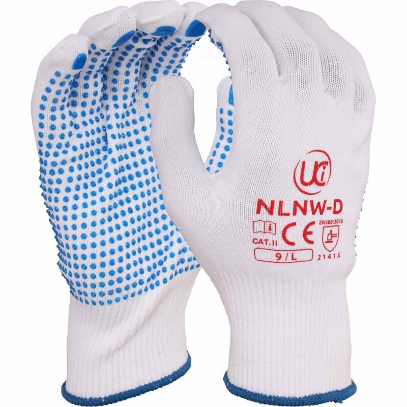 White gloves with blue PVC dotted palm