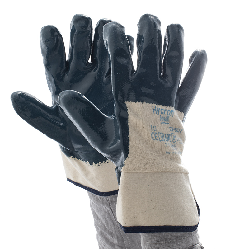 Ansell Hycron 27-607 Blue Nitrile Coated Safety Cuff Gloves 