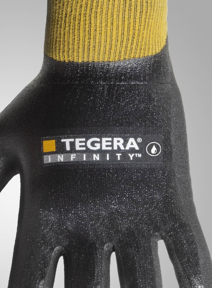 A nitrile coating works to absorb grease and oil to prevent slips and drops when handling weighted material Ejendals nitrile coating